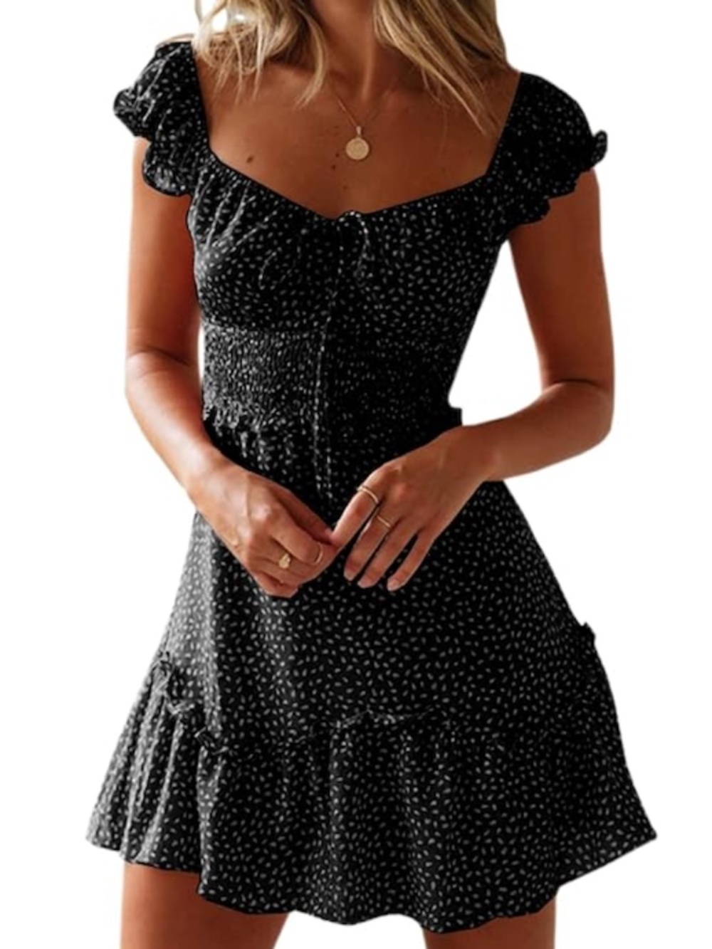 Black Polka Dot Ruffle Sleeve and Sweetheart Neckline Dress